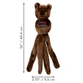 Brown plush fox  dog toy with long tethered ends and floppy ears. Shown with product dimensions