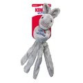 Brown plush fox  dog toy with long tethered ends and floppy ears. Shown in its retail packaging.