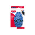 Blue natural dog grooming brush shaped like a cartoon dog, with “KONG” and “ZOOM GROOM” embossed on front.  Shown in its retail packaging.