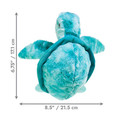 Green Turtle plush dog toy with soft body and floppy arms. Shown with product dimensions