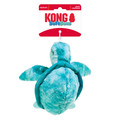 Green Turtle plush dog toy with soft body and floppy arms. Shown in its retail packaging.
