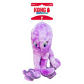 Purple plush Octopus dog toy with long neck and stitched features. Shown in its retail packaging.