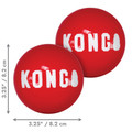 Red natural rubber ball dog toy with “KONG” branding.  Shown with product dimensions