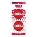 Red natural rubber ball dog toy with “KONG” branding.  Shown in its retail packaging.