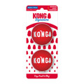 Red natural rubber ball dog toy with “KONG” branding.  Shown in its retail packaging.