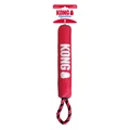 Red ballistic material- stick dog toy with “KONG” branding and rope handle. Shown in its retail packaging.