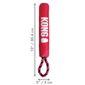 Red ballistic material- stick dog toy with “KONG” branding and rope handle. Shown with product dimensions