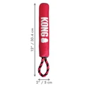 Red ballistic material- stick dog toy with “KONG” branding and rope handle. Shown with product dimensions