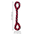 Red and black rope dog toy with twisted design and knotted ends. Shown with product dimensions