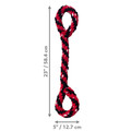 Red and black rope dog toy with twisted design and knotted ends. Shown with product dimensions