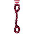 Red and black rope dog toy with twisted design and knotted ends. Shown in its retail packaging.