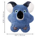 Bluish grey Koala plush dog toy with long ears and fuzzy body. Shown with product dimensions