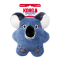 Bluish grey Koala plush dog toy with long ears and fuzzy body. Shown in its retail packaging.