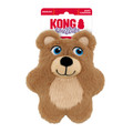 Brown Bear plush dog toy with short limbs and stitched face.  Shown in its retail packaging.