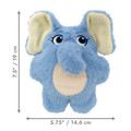 Blue elephant plush dog toy with soft texture and floppy ears.  Shown with product dimensions