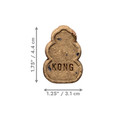Brown KONG shaped dog treat. Shown with product dimensions