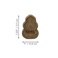 Brown KONG shaped dog treat. Shown with product dimensions