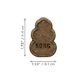 Brown KONG shaped dog treat. Shown with product dimensions