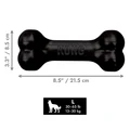 Black bone-shaped dog toy with textured ends. Shown with product dimensions