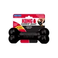 Black bone-shaped dog toy with textured ends. Shown in its retail packaging.