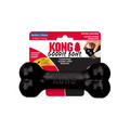 Black bone-shaped dog toy with textured ends. Shown in its retail packaging.