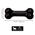 Black bone-shaped dog toy with textured ends. Shown with product dimensions