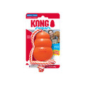 Orange KONG-shaped dog toy with red and white rope attached. Shown in its retail packaging.