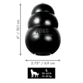 Black natural rubber KONG shaped dog toy with three tiers and “KONG” embossed. Shown with product dimensions