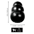 Black natural rubber KONG shaped dog toy with three tiers and “KONG” embossed. Shown with product dimensions