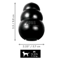 Black natural rubber KONG shaped dog toy with three tiers and “KONG” embossed. Shown with product dimensions