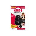 Black natural rubber KONG shaped dog toy with three tiers and “KONG” embossed. Shown in its retail packaging.