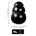 Black natural rubber KONG shaped dog toy with three tiers and “KONG” embossed. Shown with product dimensions