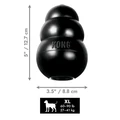 Black natural rubber KONG shaped dog toy with three tiers and “KONG” embossed. Shown with product dimensions