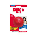 Red natural rubber ball-shaped dog toy with a hole in the center. Shown in its retail packaging.
