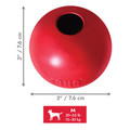 Red natural rubber ball-shaped dog toy with a hole in the center. Shown with product dimensions
