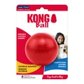 Red natural rubber ball-shaped dog toy with a hole in the center. Shown in its retail packaging.