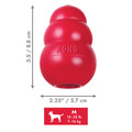 Red natural rubber KONG shaped dog toy with three tiers and “KONG” embossed. Shown with product dimensions