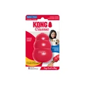 Red natural rubber KONG shaped dog toy with three tiers and “KONG” embossed. Shown in its retail packaging.