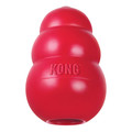 Red natural rubber KONG shaped dog toy with three tiers and “KONG” embossed.