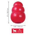 Red natural rubber KONG shaped dog toy with three tiers and “KONG” embossed. Shown with product dimensions