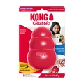 Red natural rubber KONG shaped dog toy with three tiers and “KONG” embossed. Shown in its retail packaging.