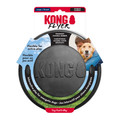 Black circular flying disc dog toy with “KONG” embossed. Shown in its retail packaging.
