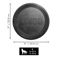 Black circular flying disc dog toy with “KONG” embossed. Shown with product dimensions