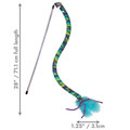 Colorful cat teaser with a long wand wrapped in braided green, blue, and purple fabric. Shown with product dimensions