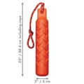 Orange dummy dog toy with rope loop. Shown with product dimensions