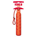 Orange dummy dog toy with rope loop. Shown in its retail packaging.