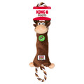 Brown and tan monkey plush  dog toy with roped ends. Shown in its retail packaging.
