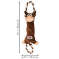 Brown and tan monkey plush  dog toy with roped ends. Shown with product dimensions