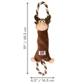Brown and tan monkey plush  dog toy with roped ends. Shown with product dimensions