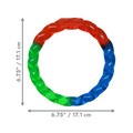 Circular dog toy with red, green, and blue segments. Shown with product dimensions